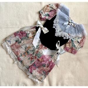 Vintage 90s Piano Kids Fashion Dress Girls 6 Multi Floral Print Lace Bow Party